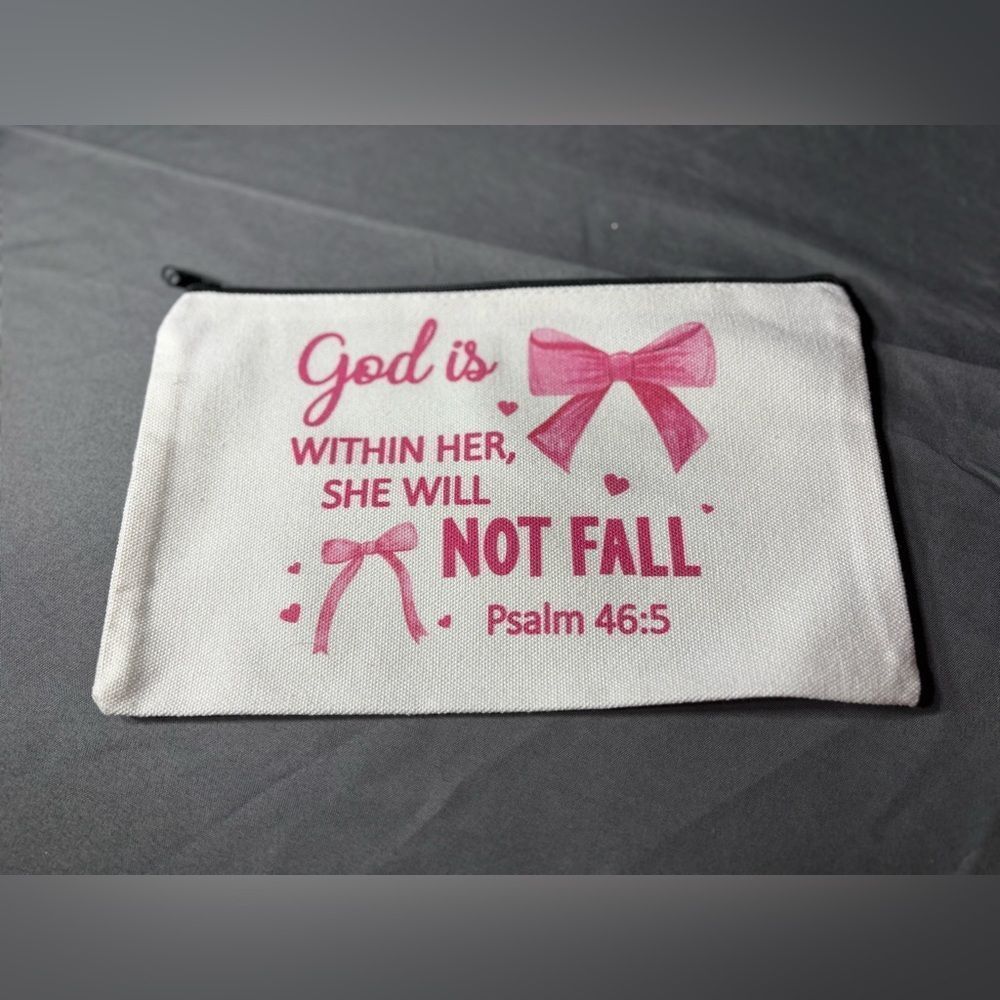 New White Canvas Zipper Pouch with Pink Script & Bow